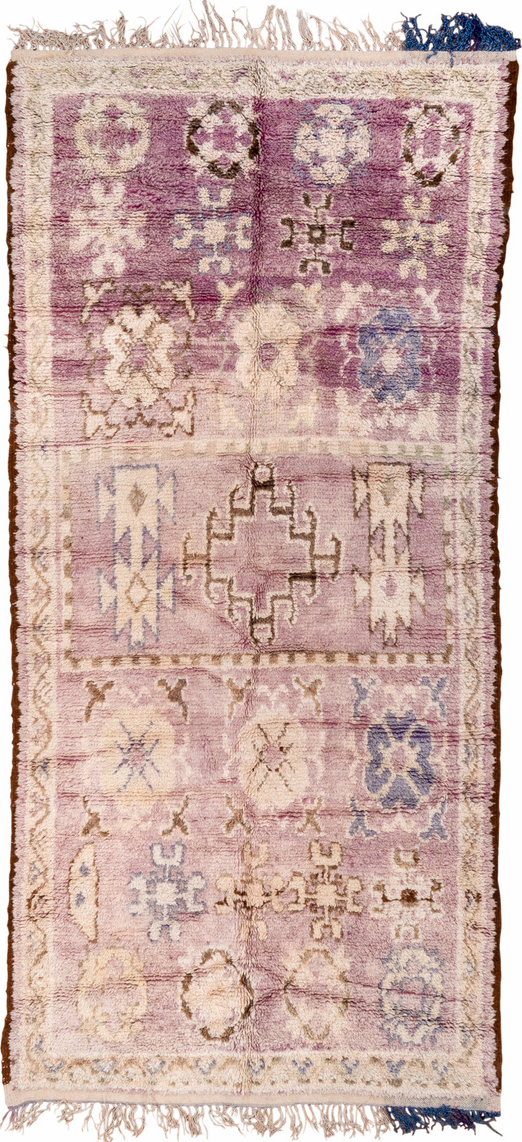 3' x 8' one-of-a-kind handmade vintage Moroccan runner rug. Color palette: blue, brown, gray, light gray, off-white, pink