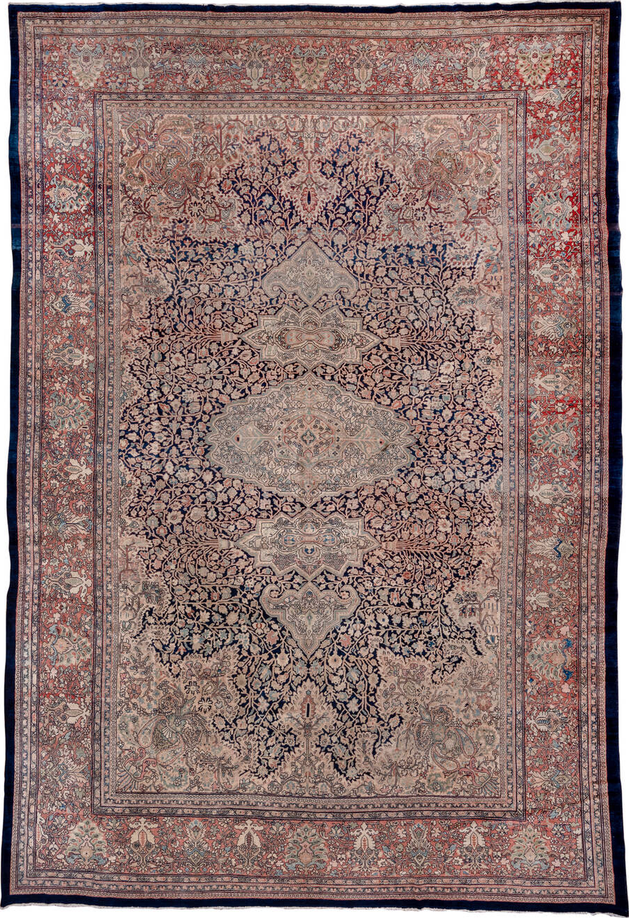 12' x 17' one-of-a-kind handmade vintage Far.Sarouk oversize rug. Color palette: black, blue, brown, dim gray, gray