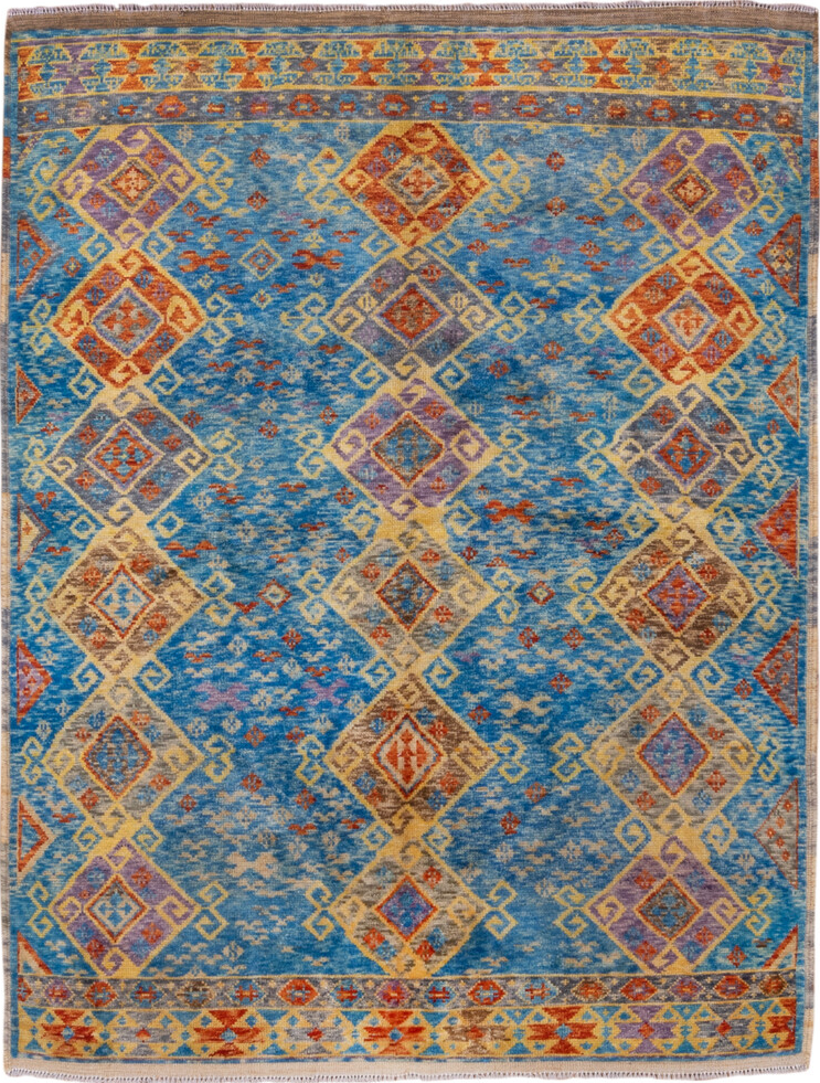 5' x 6' one-of-a-kind handmade vintage Gabbe rug. Color palette: arapawa, blue, brown, burlywood, dark gray, dim gray, gray
