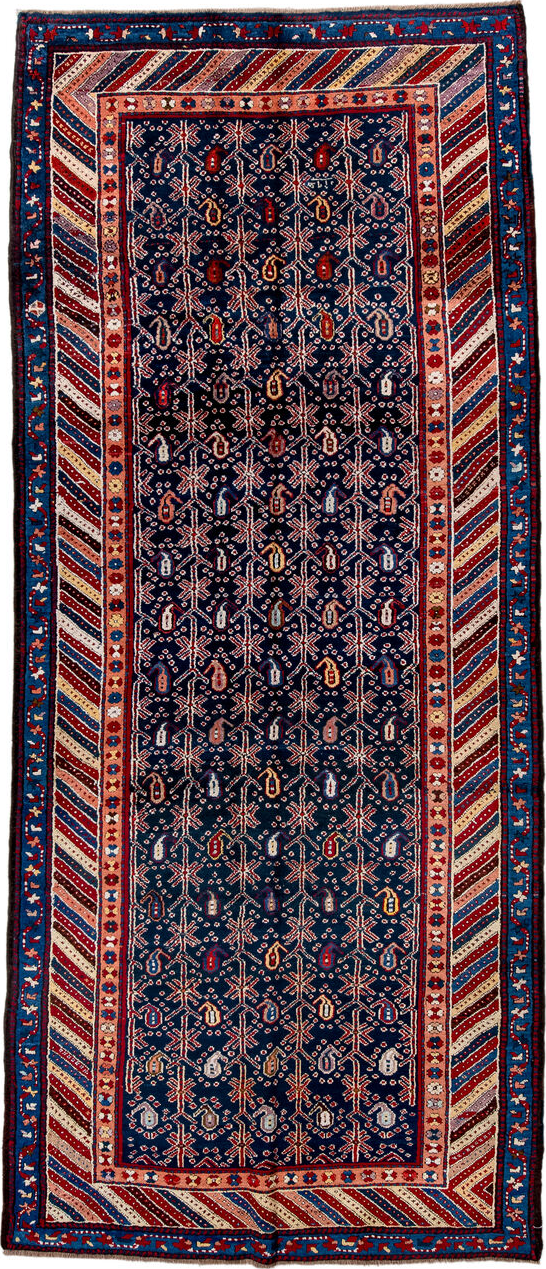 4' x 10' one-of-a-kind handmade vintage NW Persian runner rug. Color palette: black, brown, charcoal, dark salmon