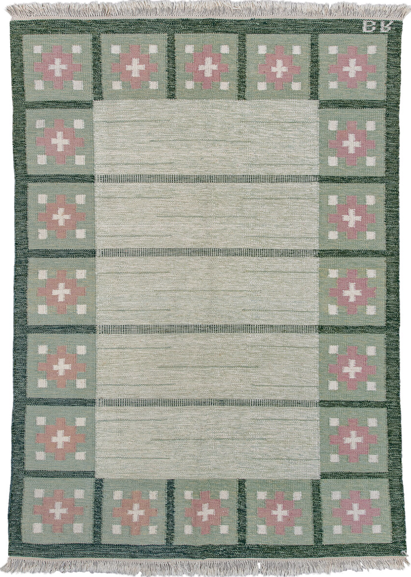 5' x 8' one-of-a-kind handmade vintage Rollaken medium size rug. Color palette: black, blue, gainsboro, gray, light gray