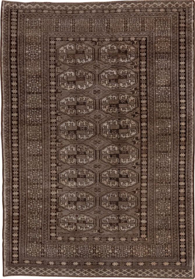 4' x 6' one-of-a-kind handmade vintage Afghan small size rug. Color palette: brown, gray, pink