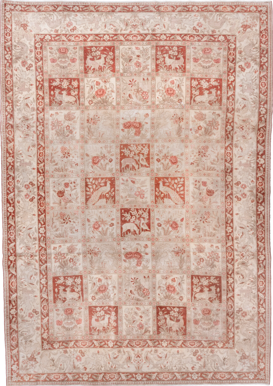 7' x 10' one-of-a-kind handmade vintage Tabriz large size rug. Color palette: brown, gray, light gray, off-white, orange