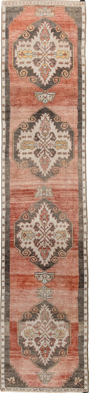 2' x 13' one-of-a-kind handmade vintage Anatol runner rug. Color palette: brown, gray, orange, pink, red, sienna
