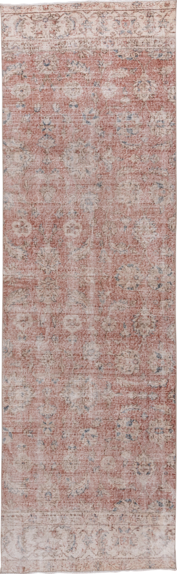 3' x 10' one-of-a-kind handmade vintage Oushak runner rug. Color palette: gray, light gray, off-white, pink, snow, white