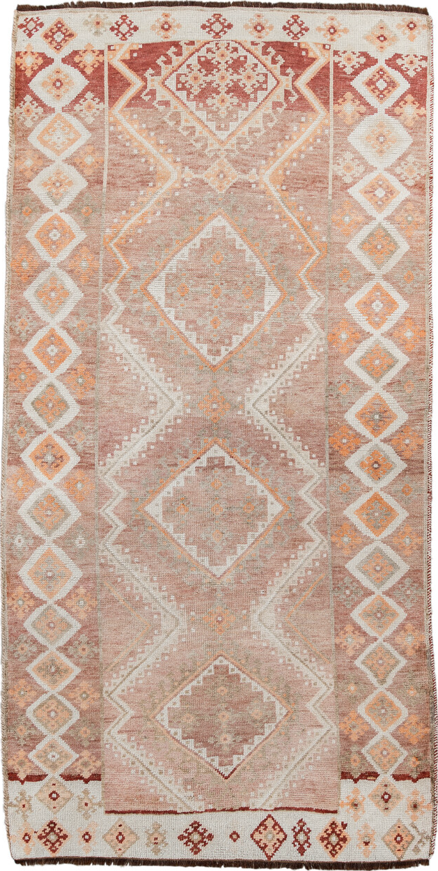 3' x 7' one-of-a-kind handmade vintage Gabbe runner rug. Color palette: brown, gray, light gray, off-white, orange, pink