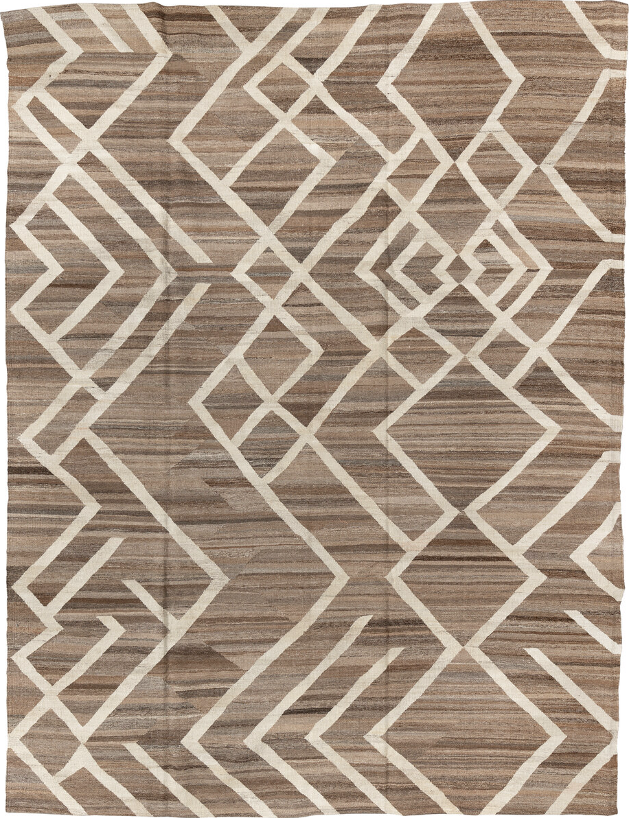 8' x 12' one-of-a-kind handmade vintage Kilim large size rug. Color palette: brown, dark gray, gray, light gray, off-white