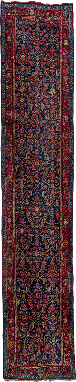 3' x 16' one-of-a-kind handmade vintage Bidjar runner rug. Color palette: black, blue, brown, fiord, gray, orange, pink, red