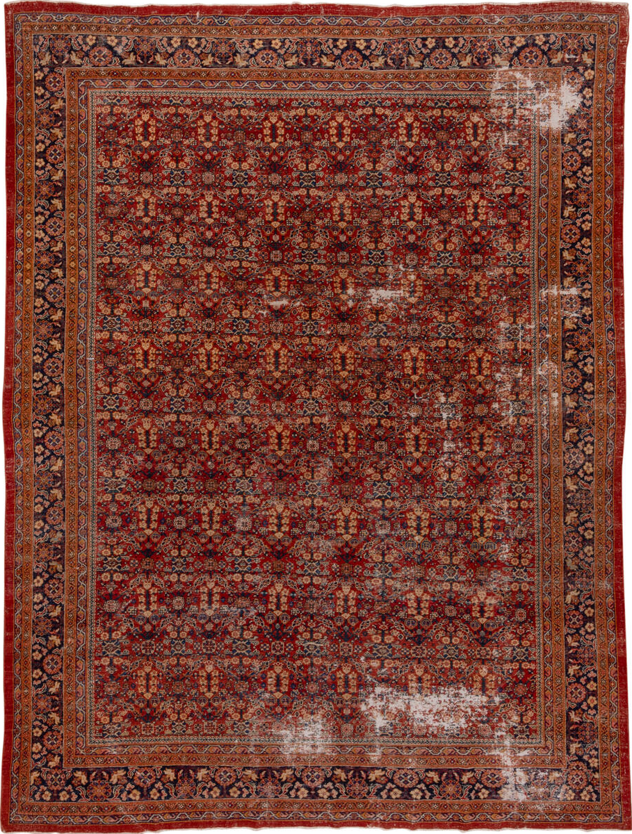 10' x 13' one-of-a-kind handmade vintage Mahal large size rug. Color palette: brown, gray, pink, red, redwood