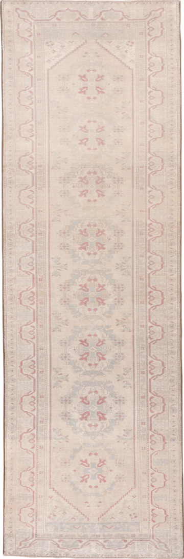 2' x 9' one-of-a-kind handmade vintage Oushak runner rug. Color palette: gray, light gray, off-white, pink, rosy brown, snow