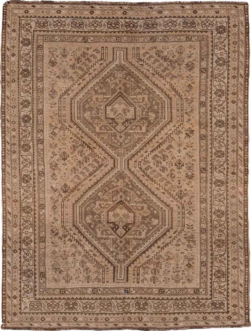 5' x 6' one-of-a-kind handmade vintage Shiraz rug. Color palette: brown, gray, light gray, off-white, pink, snow, tan, white