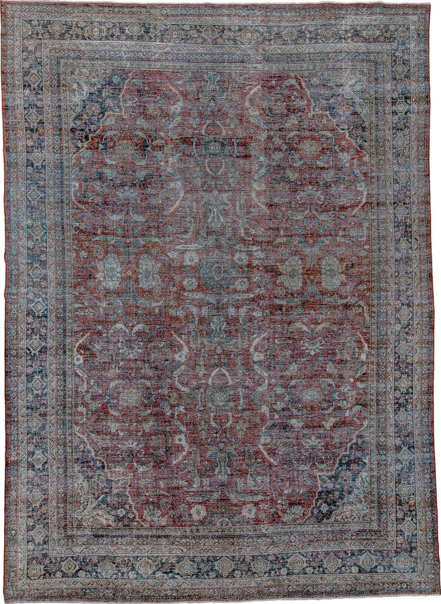 10' x 14' one-of-a-kind handmade vintage Mahal large size rug. Color palette: black, blue, brown, dark gray, dim gray