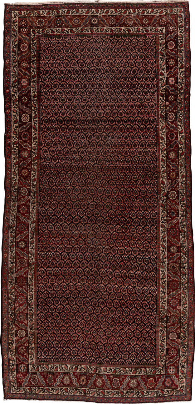 5' x 11' one-of-a-kind handmade vintage Malayer rug. Color palette: black, brown, gray, pink, red