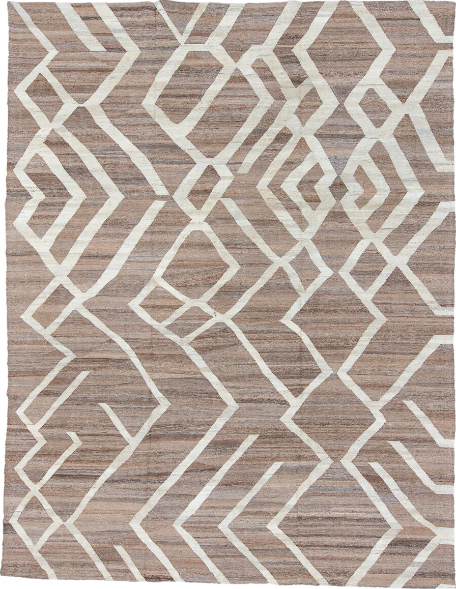 10' x 13' one-of-a-kind handmade vintage Kilim large size rug. Color palette: black, brown, charcoal, gainsboro, gray