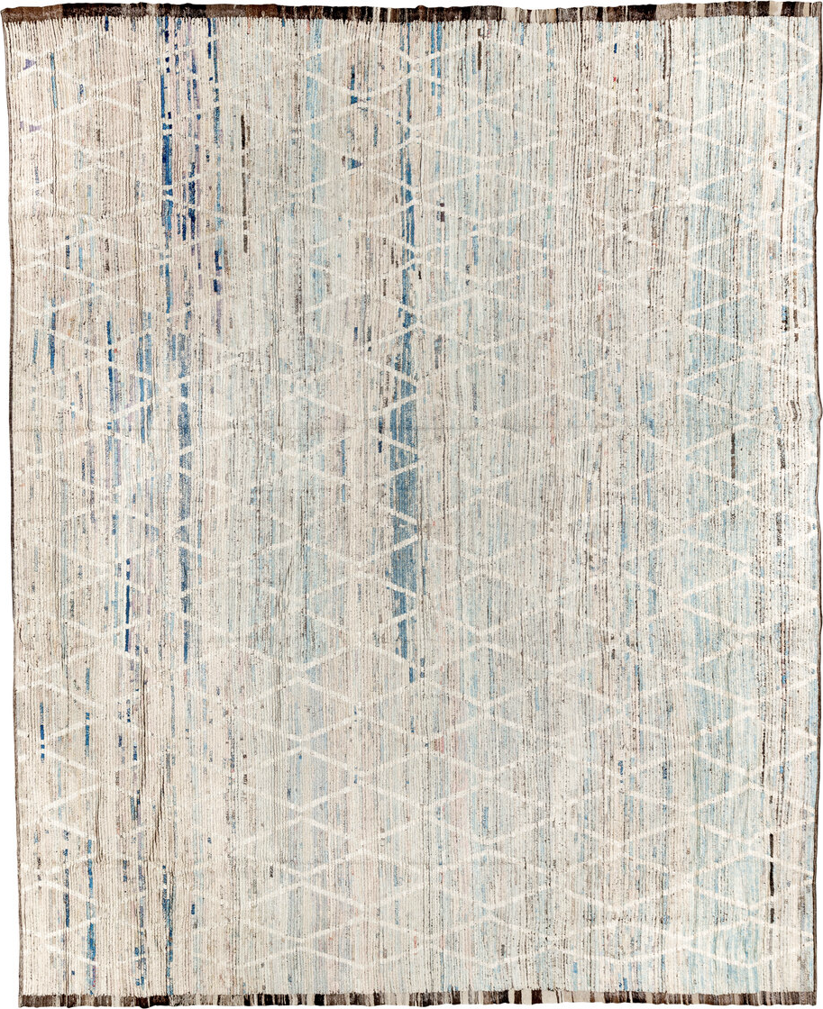 11' x 14' one-of-a-kind handmade vintage Tulu oversize rug. Color palette: beige, blue, brown, gray, light blue, light gray