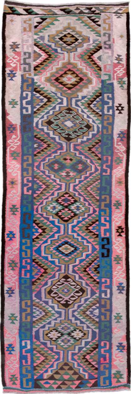 3' x 9' one-of-a-kind handmade vintage Kilim runner rug. Color palette: arapawa, blue, brown, fiord, gray, light gray
