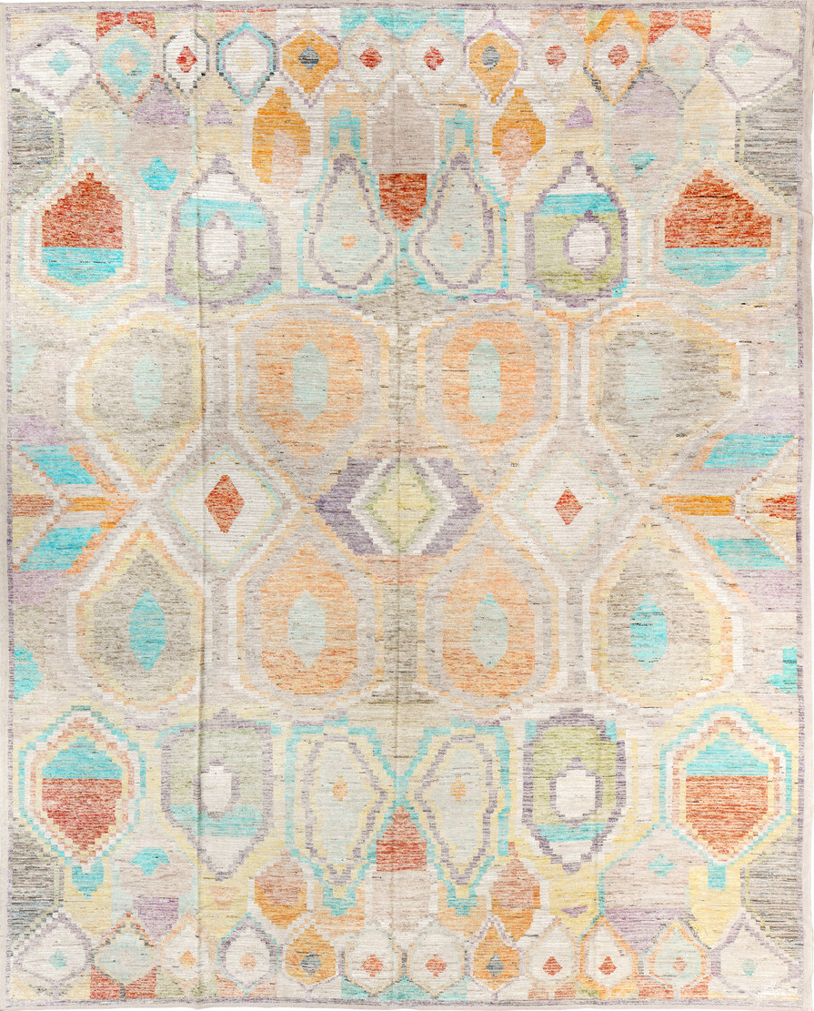 13' x 16' one-of-a-kind handmade vintage Tulu oversize rug. Color palette: blue, brown, cadet blue, gainsboro, gray