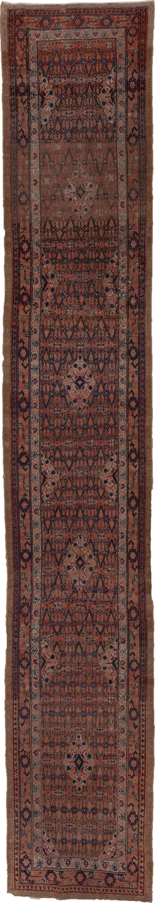 2' x 15' one-of-a-kind handmade vintage Cam Hamadan runner rug. Color palette: brown, gray, off-white, pink, red, redwood