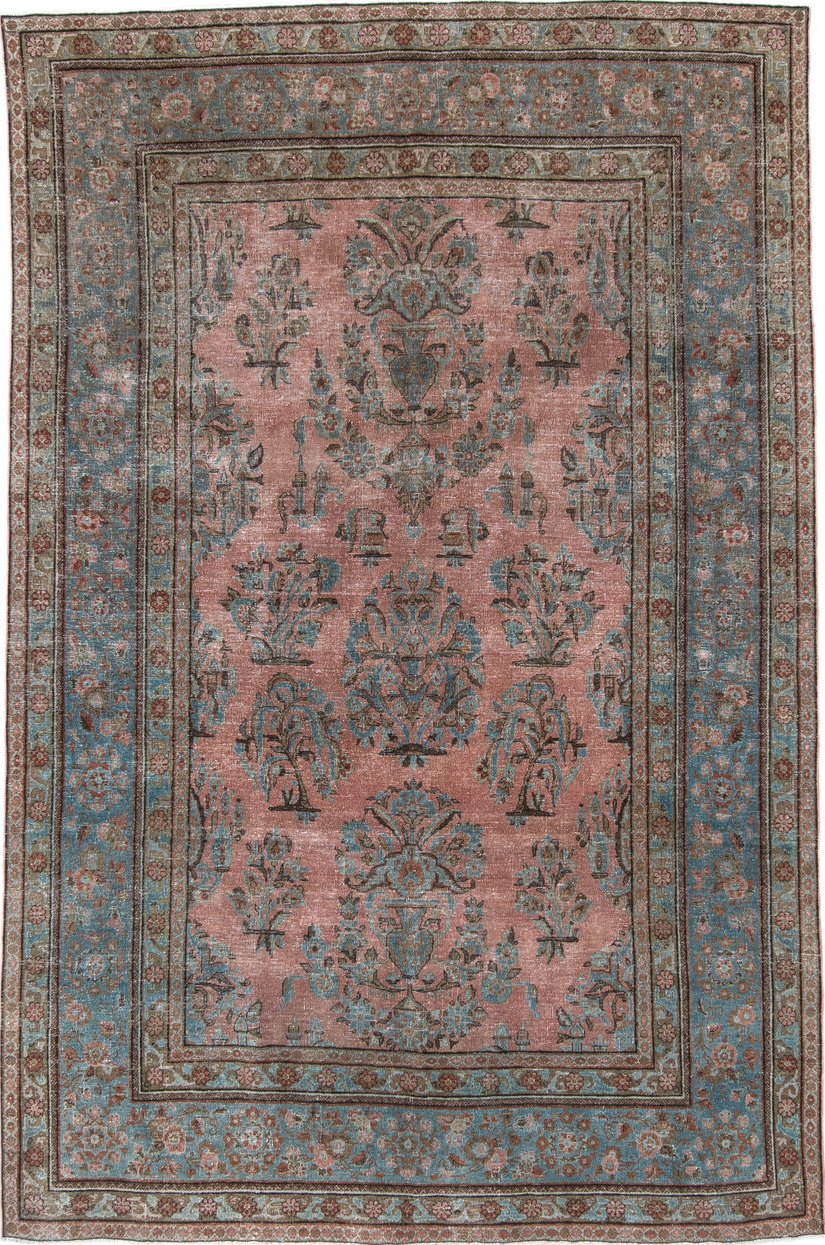 5' x 8' one-of-a-kind handmade vintage Kashan medium size rug. Color palette: pink, gray, brown, light gray, blue, off-white