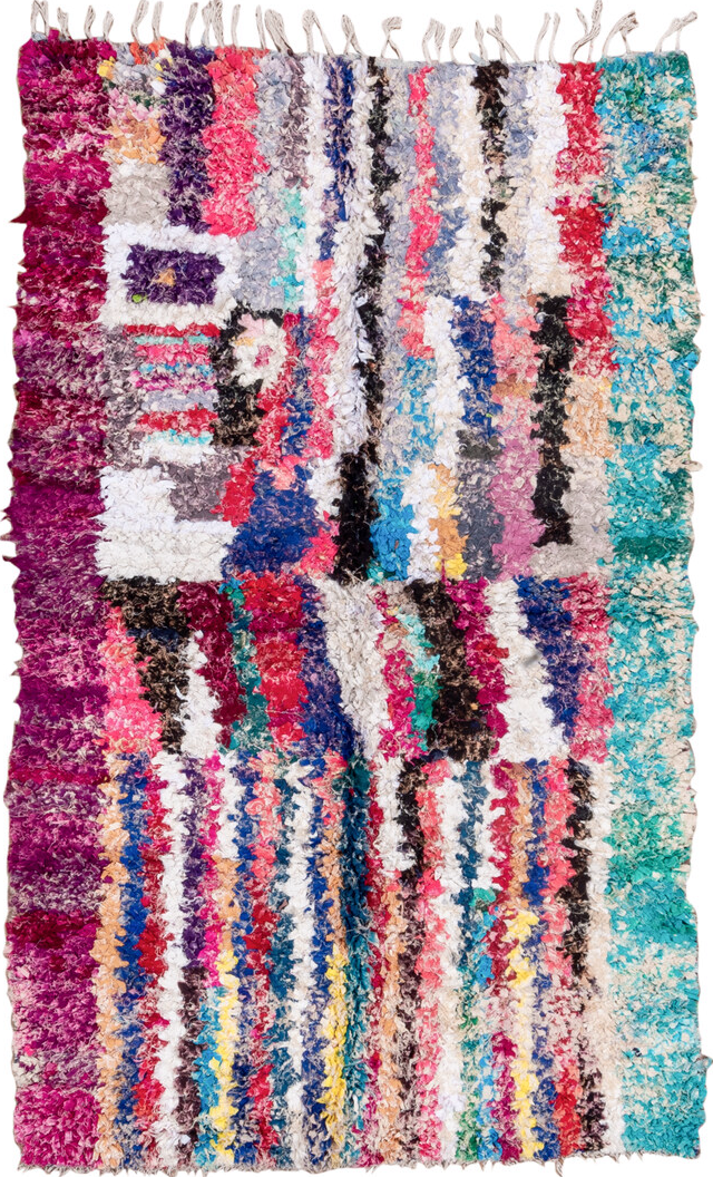 4' x 8' one-of-a-kind handmade vintage Rag Rug rug. Color palette: blue, brown, gray, green, light gray, off-white, pink