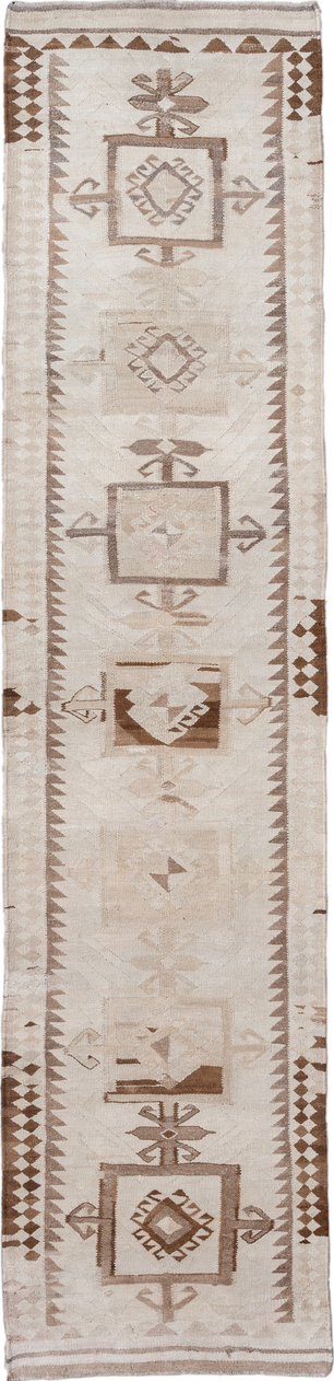 3' x 13' one-of-a-kind handmade vintage Kilim runner rug. Color palette: brown, gray, light gray, off-white, pink, silver