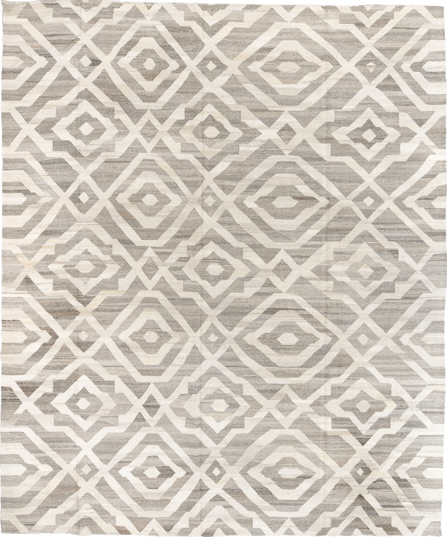 12' x 15' one-of-a-kind handmade vintage Kilim oversize rug. Color palette: dark gray, gray, light gray, off-white, silver