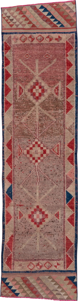 2' x 9' one-of-a-kind handmade vintage Oushak runner rug. Color palette: blue, brown, gray, pink, red