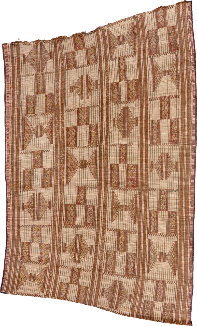6' x 10' one-of-a-kind handmade vintage Tuareg large size rug. Color palette: brown, off-white, orange, peach puff, tan