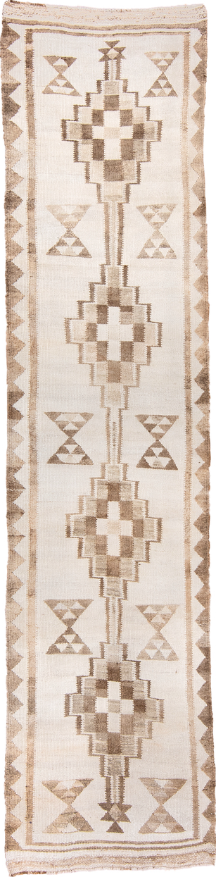 3' x 12' one-of-a-kind handmade vintage Kilim runner rug. Color palette: brown, gray, light gray, linen, off-white, old lace