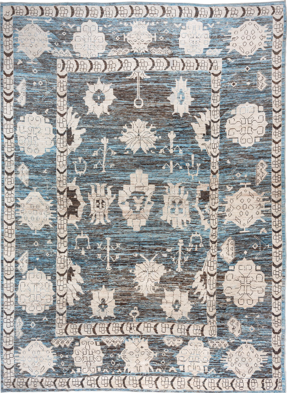 12' x 17' one-of-a-kind handmade vintage Tulu oversize rug. Color palette: black, blue, charcoal, dark gray, dim gray, gray