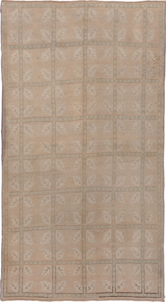4' x 7' one-of-a-kind handmade vintage Oushak rug. Color palette: brown, gainsboro, gray, light gray, off-white, pink, snow