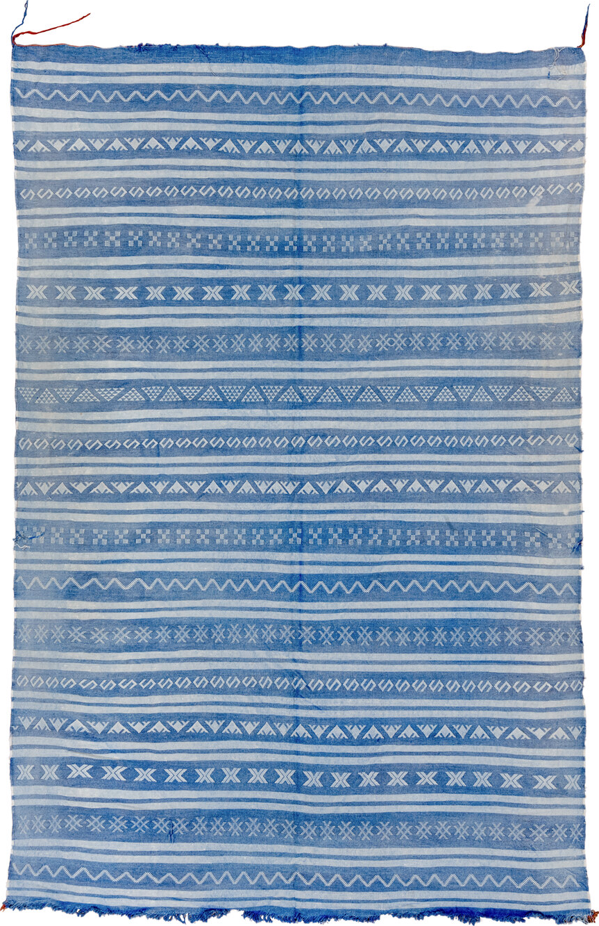 6' x 9' one-of-a-kind handmade vintage Cactus Kilim medium size rug. Color palette: blue, fiord, gray, light blue