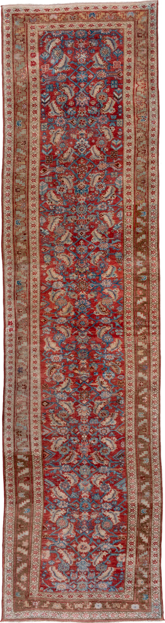3' x 13' one-of-a-kind handmade vintage Bidjar runner rug. Color palette: blue, brown, gray, pink, red