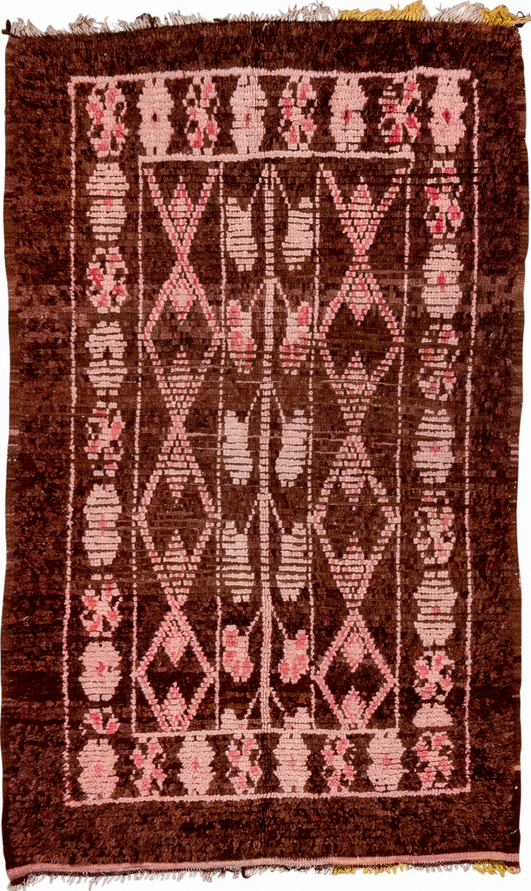 3' x 6' one-of-a-kind handmade vintage Moroccan small size rug. Color palette: brown, pink, red