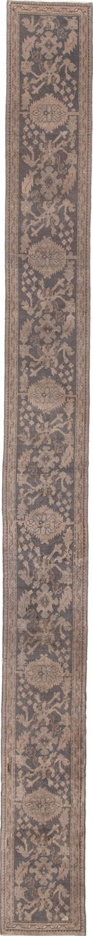 2' x 23' one-of-a-kind handmade vintage Oushak runner rug. Color palette: brown, dim gray, gray, light gray, off-white, pink