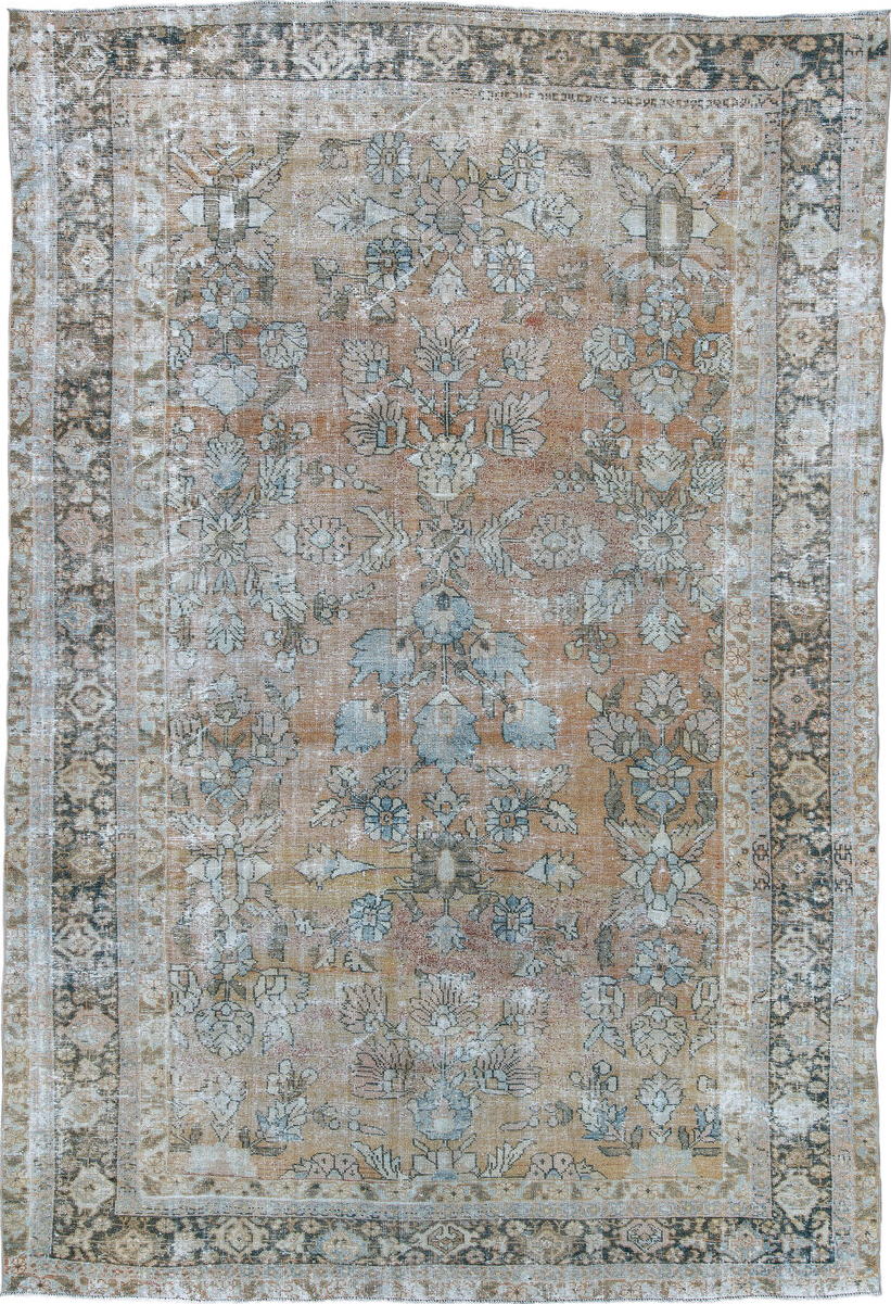 8' x 11' one-of-a-kind handmade vintage Mahal large size rug. Color palette: black, blue, brown, charcoal, dark gray
