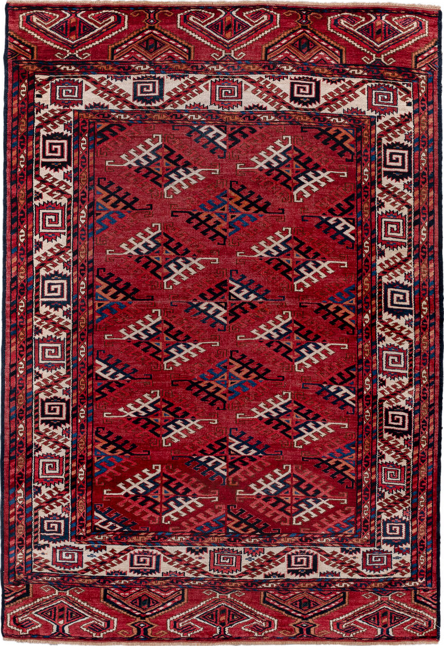 4' x 5' one-of-a-kind handmade vintage Bokara small size rug. Color palette: blue, brown, burgundy, dim gray, gray