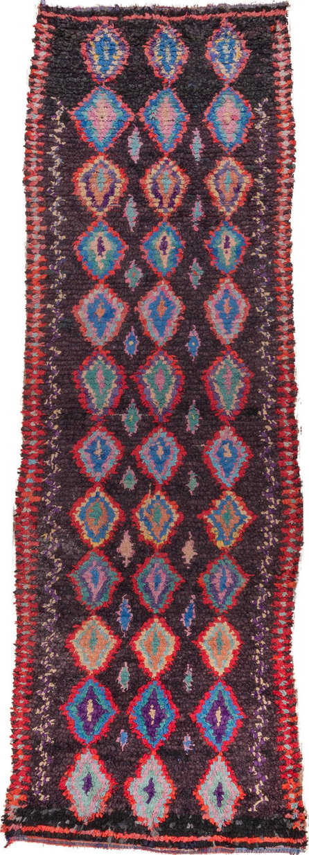 3' x 10' one-of-a-kind handmade vintage Rag Rug runner rug. Color palette: blue, brown, dim gray, gray, pink, red