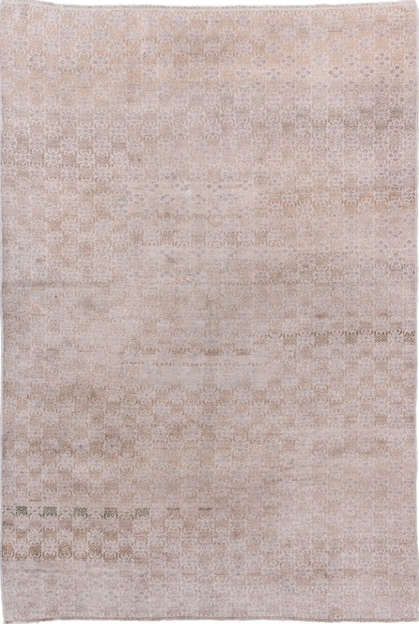 5' x 8' one-of-a-kind handmade vintage Anatol medium size rug. Color palette: gray, light gray, off-white, pink