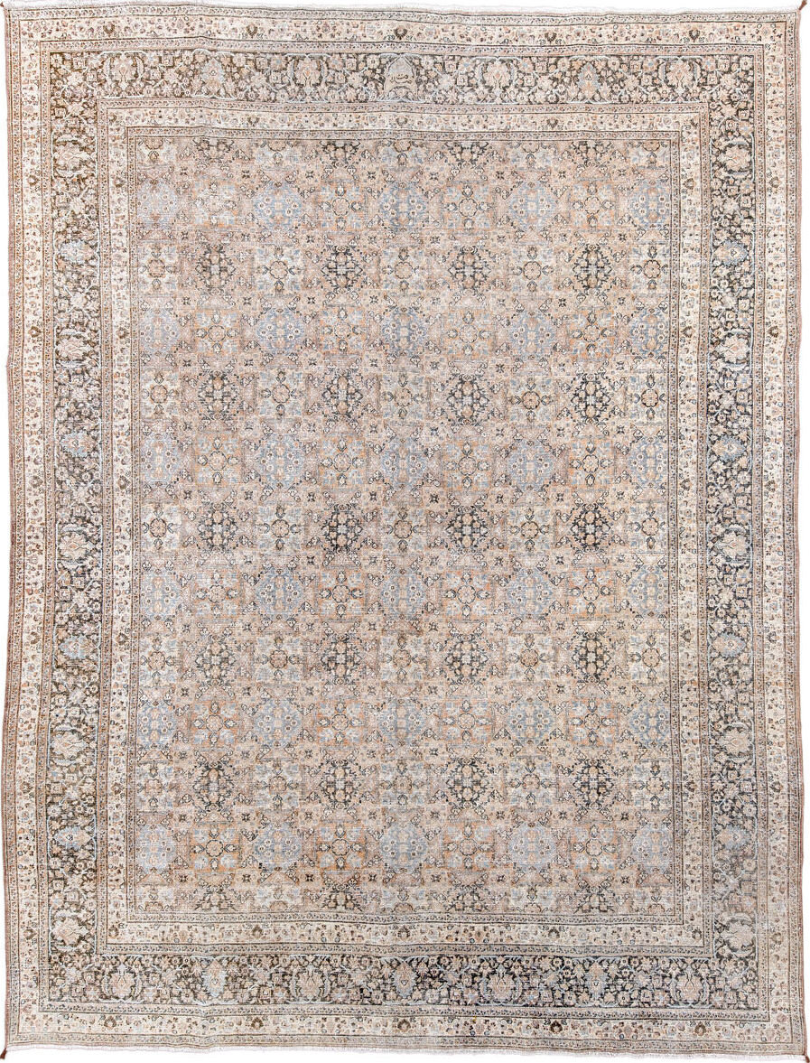 10' x 13' one-of-a-kind handmade vintage Khorassan large size rug. Color palette: light gray, off-white, gray, pink, brown