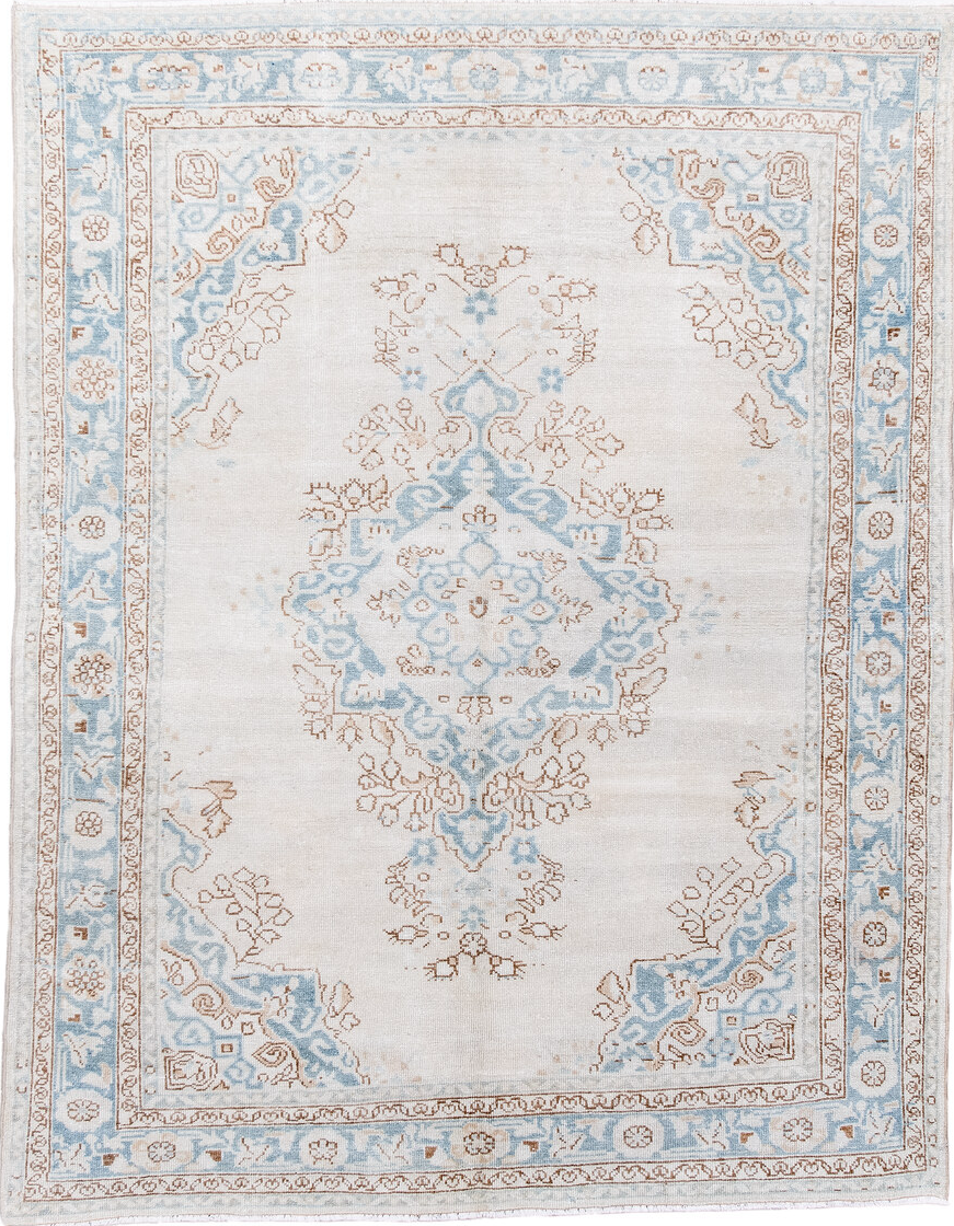 5' x 6' one-of-a-kind handmade vintage Malayer rug. Color palette: brown, gainsboro, gray, light blue, light gray
