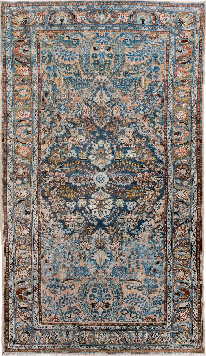 4' x 7' one-of-a-kind handmade vintage Hamadan rug. Color palette: arapawa, blue, brown, dark gray, dim gray, gray