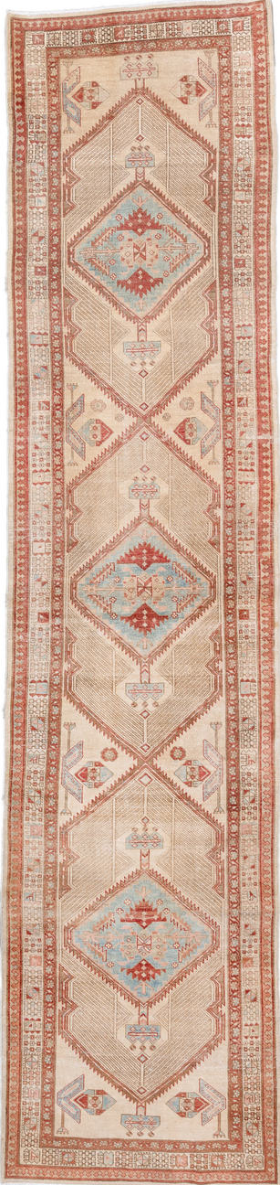 2' x 12' one-of-a-kind handmade vintage Sarab runner rug. Color palette: brown, gray, light gray, off-white, orange, pink