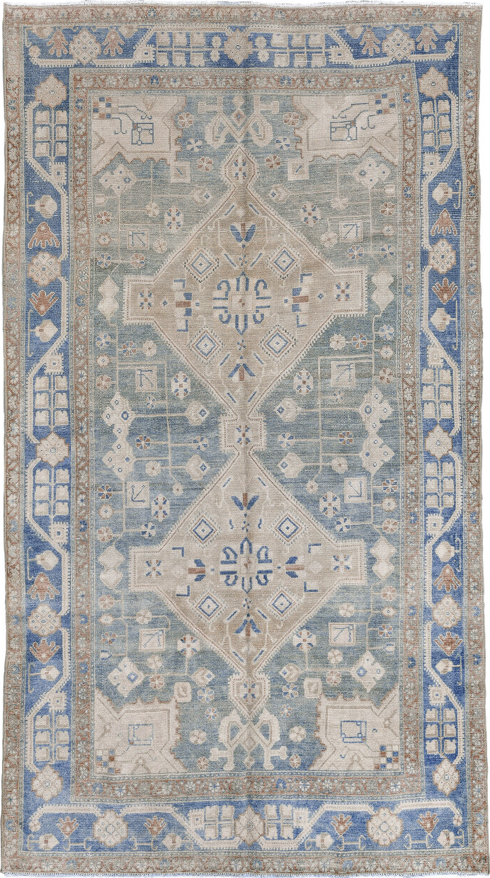 4' x 8' one-of-a-kind handmade vintage Hamadan rug. Color palette: gray, black, light gray, off-white, light blue, blue
