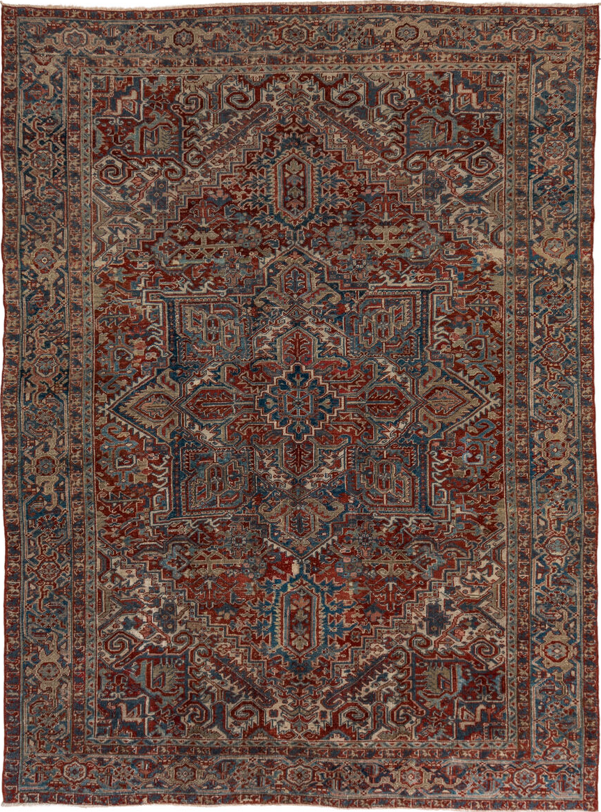 8' x 10' one-of-a-kind handmade vintage Heriz large size rug. Color palette: blue, brown, dim gray, gray, light gray