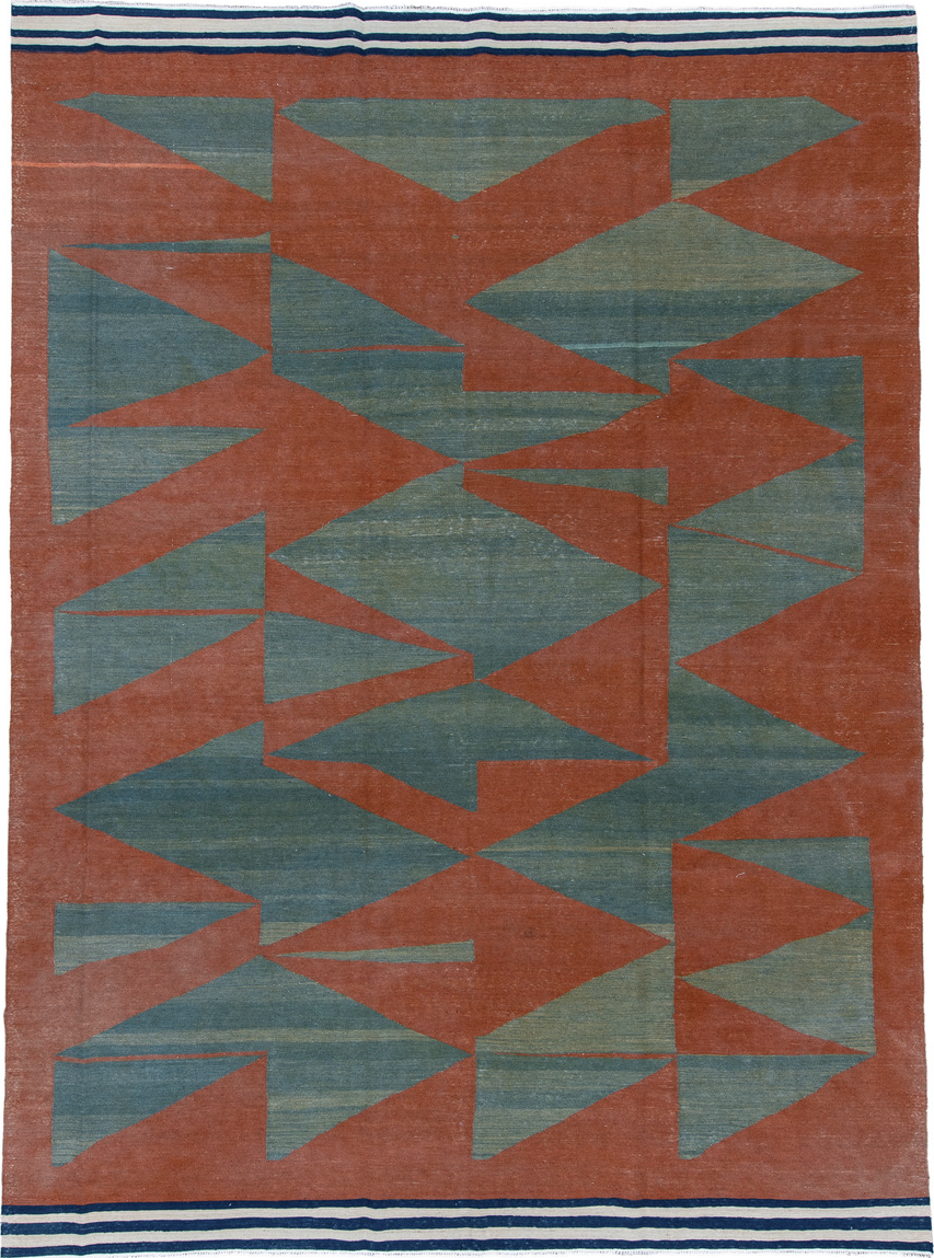 9' x 12' one-of-a-kind handmade vintage Kilim large size rug. Color palette: blue, brown, dim gray, gray, light gray