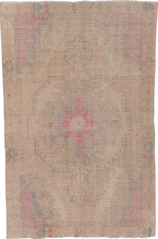4' x 6' one-of-a-kind handmade vintage Oushak small size rug. Color palette: brown, gray, light gray, off-white, pink, snow