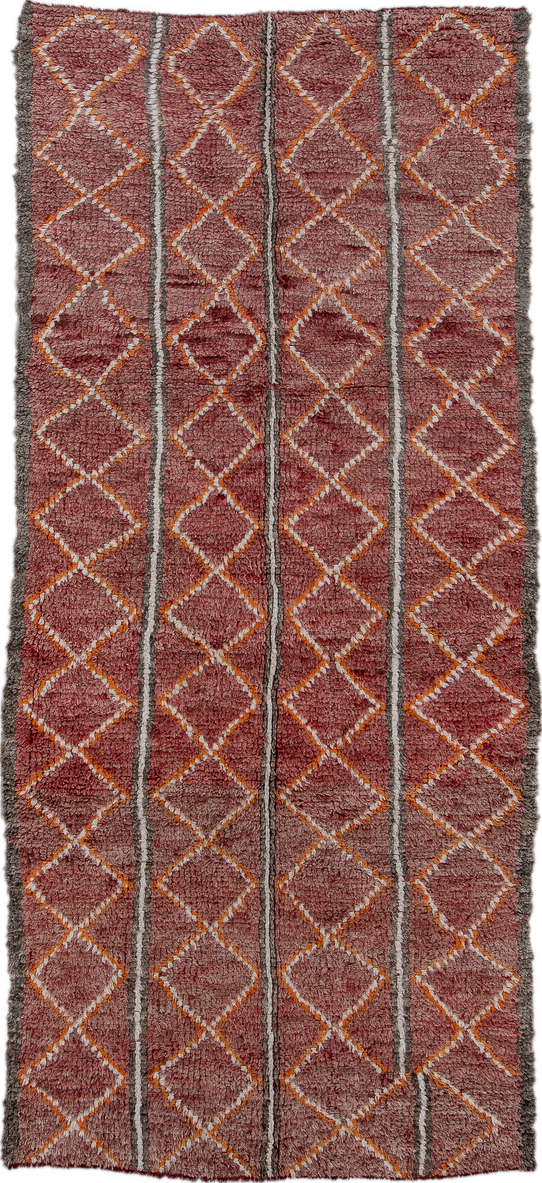 4' x 10' one-of-a-kind handmade vintage Moroccan runner rug. Color palette: pink, gray, brown, red, light gray, off-white