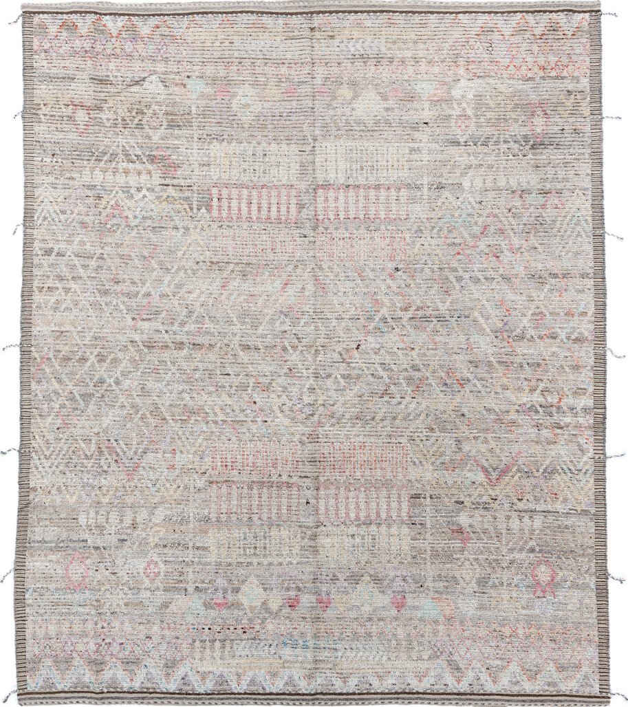 8' x 9' one-of-a-kind handmade vintage Tulu rug. Color palette: gray, light gray, off-white, pink, brown, gainsboro