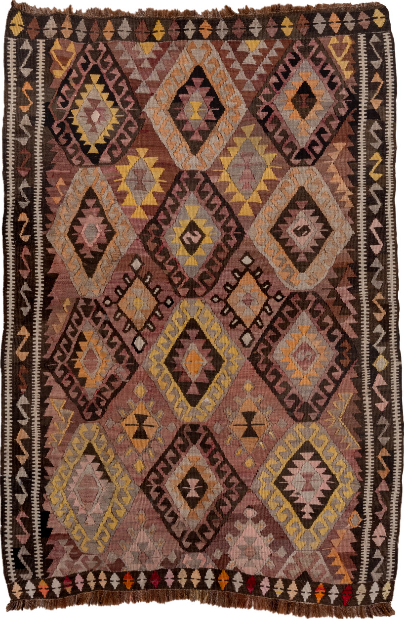 4' x 5' one-of-a-kind handmade vintage Kilim small size rug. Color palette: black, brown, gray, light gray, off-white, pink